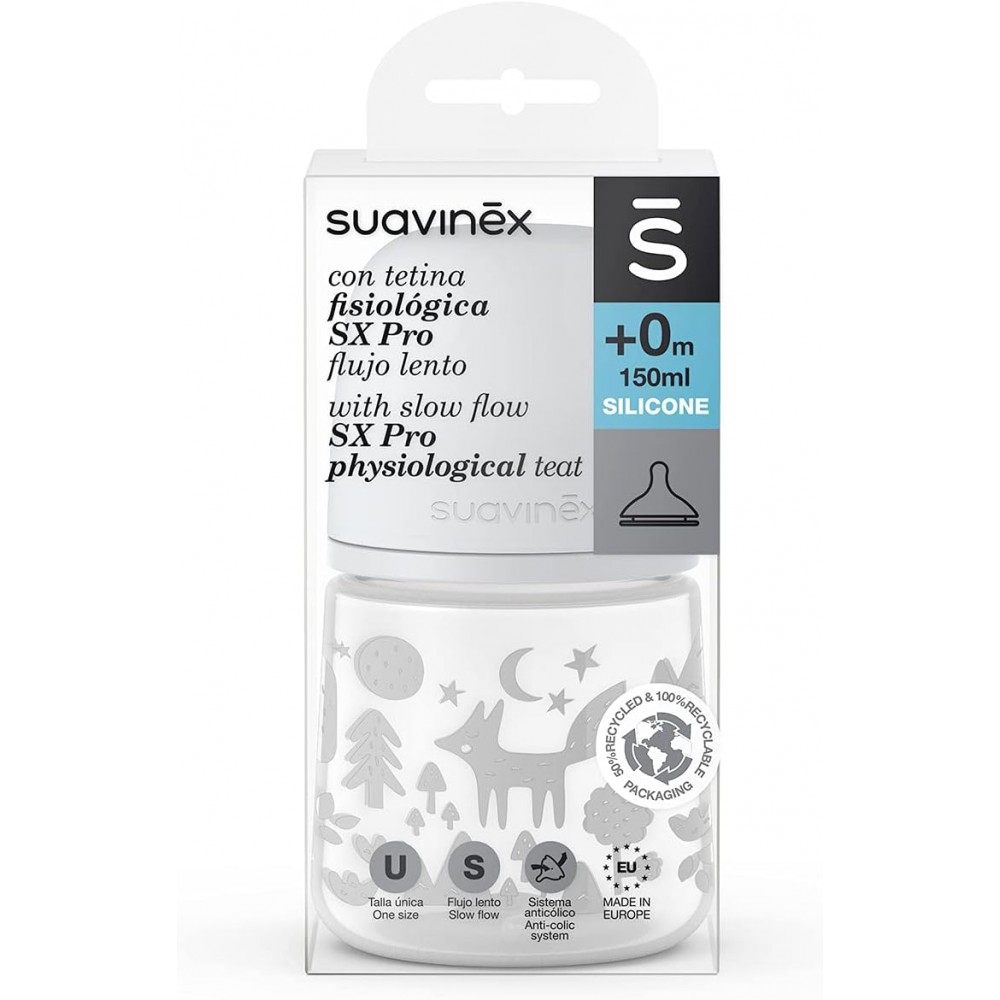 Suavinex Biberón Anticólicos Tetina Fisiológica SX Pro Flujo Lento (150  ml.) +0 M